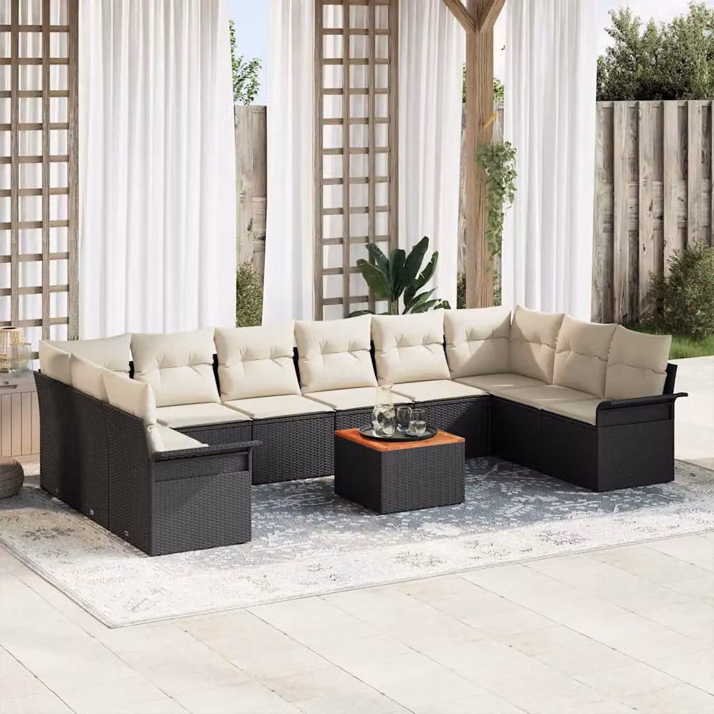 Set Divano da Giardino vidaXL 11 Pezzi a Forma di U con Tavolino, Colore Nero e Beige – 1