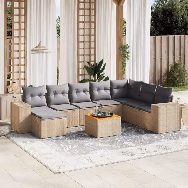 vidaXL Set Divano da Giardino a L in Polyrattan con Cuscini Beige e Grigio, 9 Pezzi