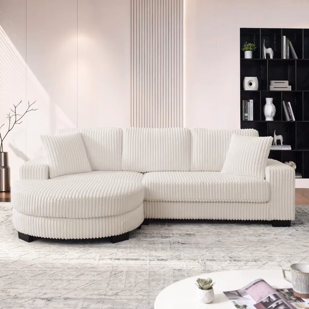 Divano angolare a 4 posti MIVRAY in velluto a coste beige con pouf ovale reversibile, L/P/H: 256,5 x 89 x 133,5 cm – 2