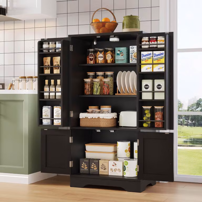 Flieks cucina mobile alto con luce sensore LED, mobile buffet a 4 ante con ripiani regolabili e ripiani per ante, 60x40x120,5 cm nero