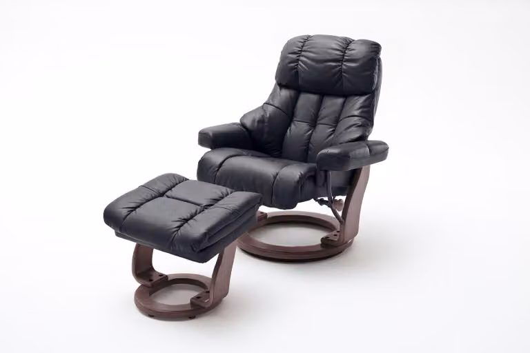 MCA Poltrona relax Calgary XXL, sgabello per poltrona TV, vera pelle portata 180 kg ~ nero, effetto noce