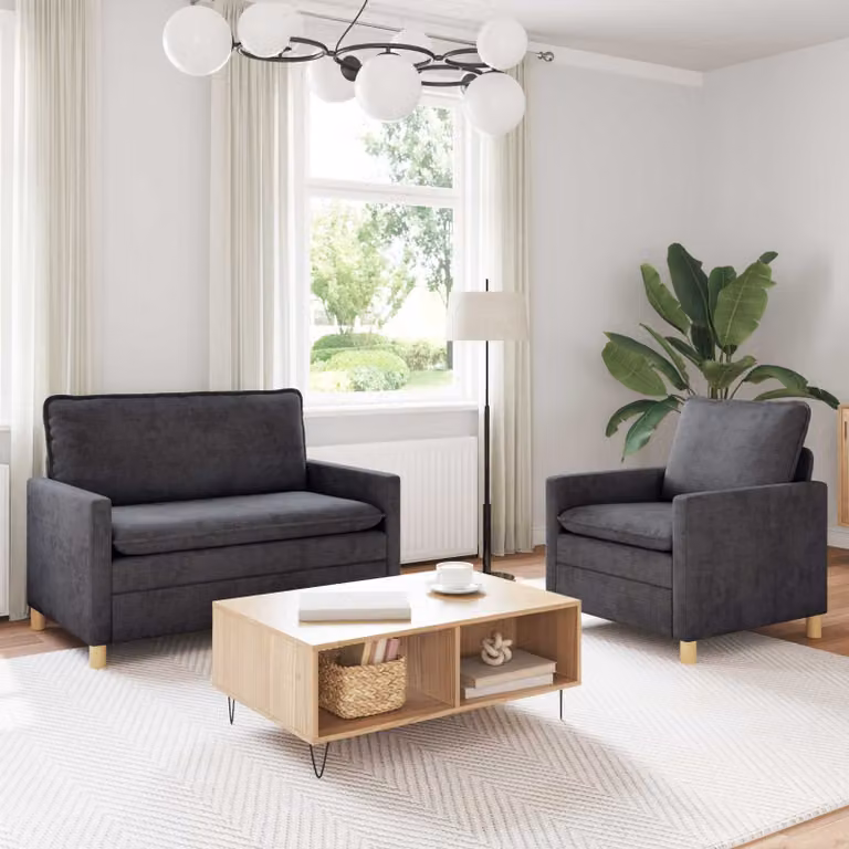 Set di 2 divani moderni vidaXL in tessuto con struttura in metallo e cuscini inclusi, Grigio Scuro