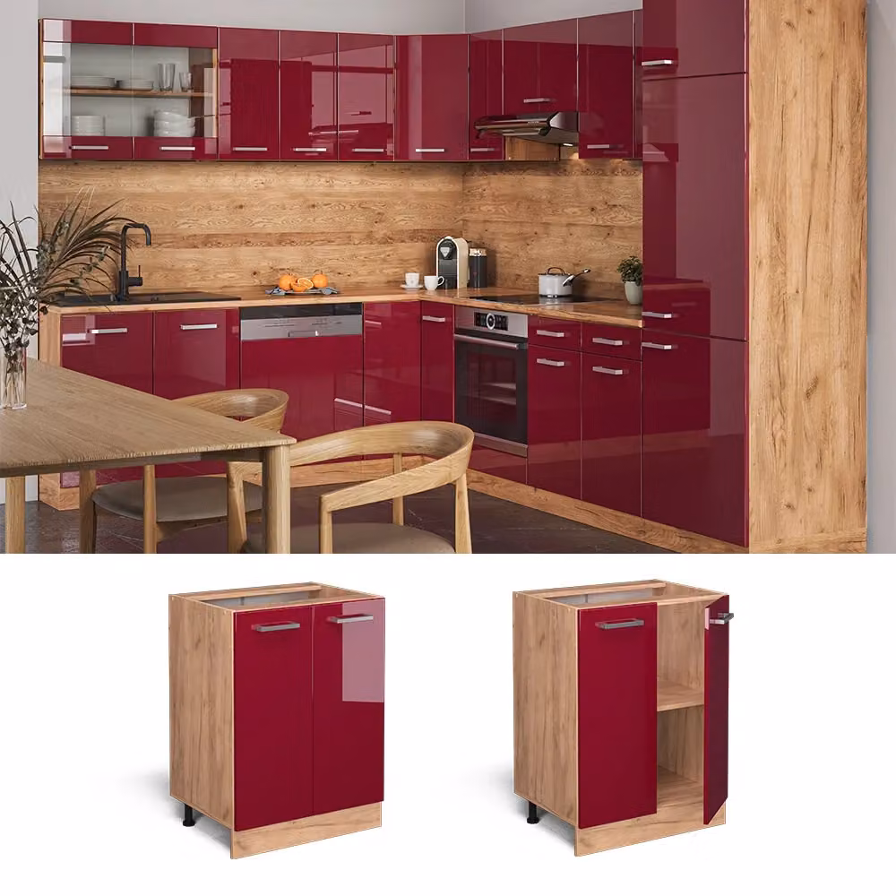 Mobiletto base cucina Vicco R-Line rosso lucido e rovere, L: 60 cm – 2