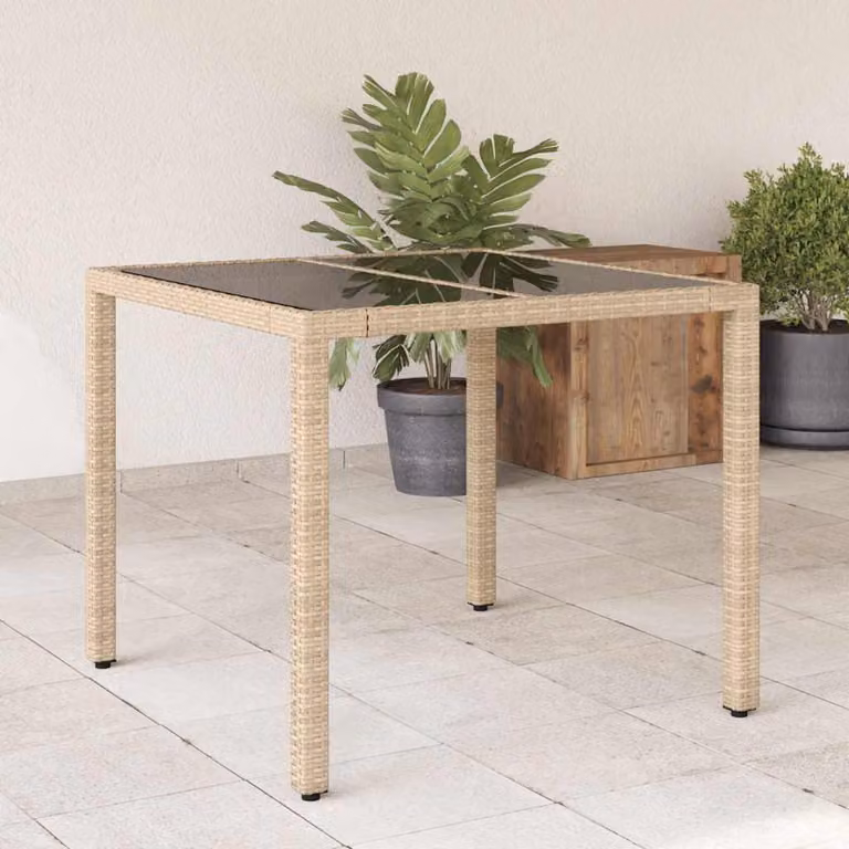 vidaXL Tavolo da Giardino Moderno in Polyrattan Beige con Piano in Vetro L/P/H: 90 x 90 x 75 cm