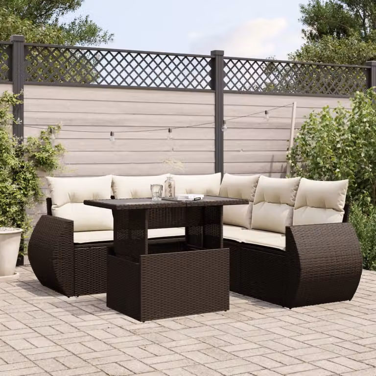 vidaXL Set Divano da Giardino 6 pz a Forma a L in Polyrattan Marrone con Cuscini e Tavolino da Esterno