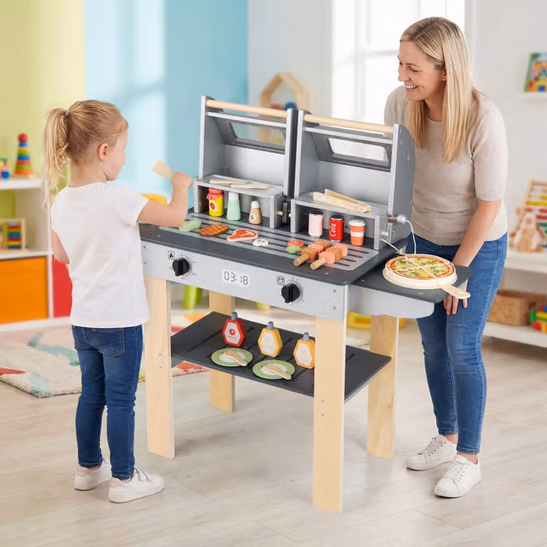 Set di gioco barbecue in legno per bambini Costway con accessori e 2 grill, Grigio