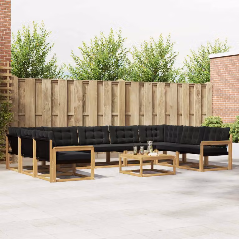 Set di divani da esterno vidaXL a forma di U composto da 10 pezzi con cuscini, in legno di acacia e tessuto textilene, colori bianco e nero