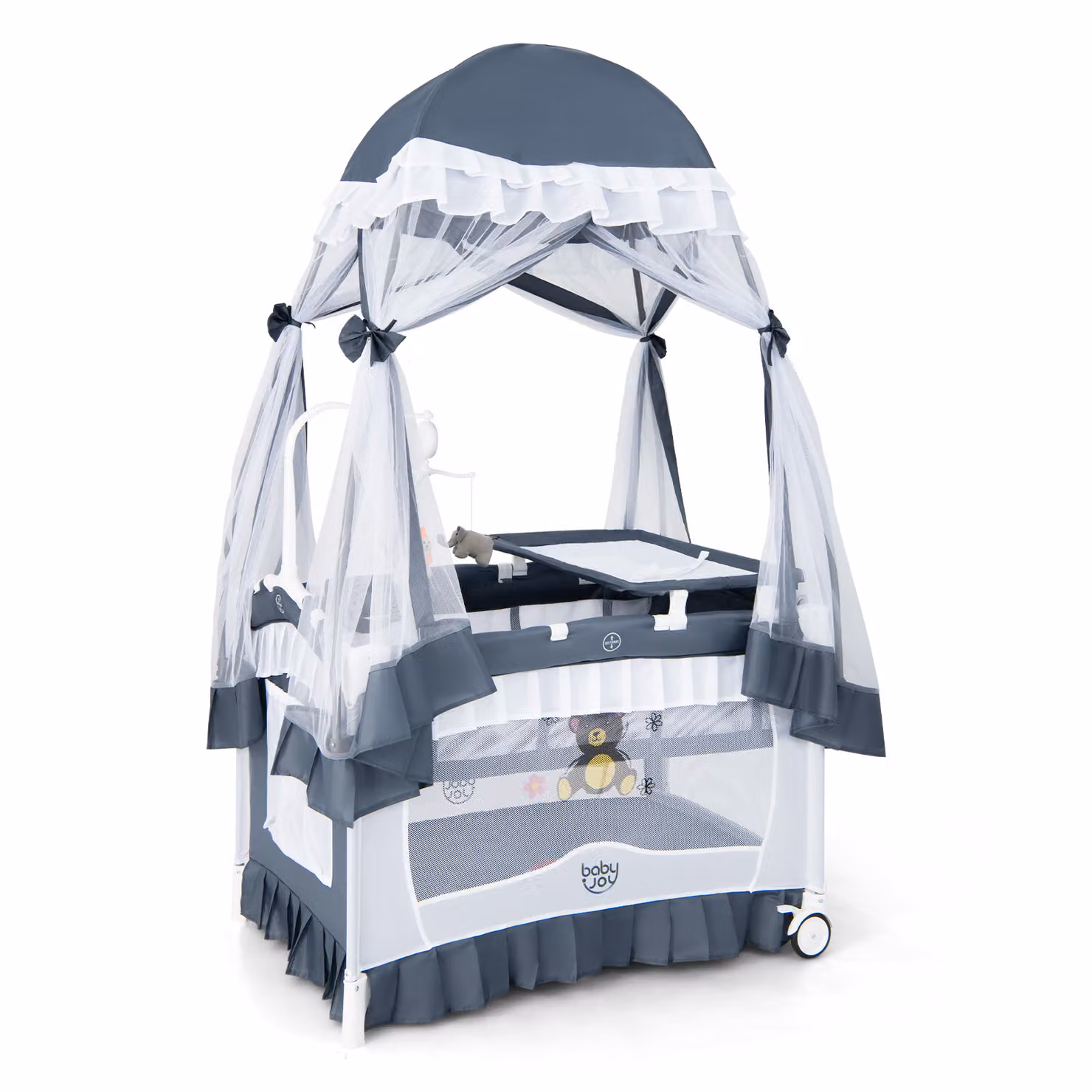 Culla per neonati Costway 4 in 1 convertibile con fasciatoio, zanzariera rimovibile, lettino da viaggio pieghevole con ruote e carillon, Grigio