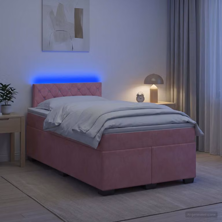 vidaXL Letto con Box Spring, Materasso e Illuminazione LED in Velluto Rosa, L 120 x P 200 cm