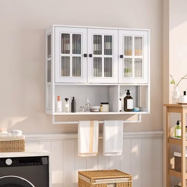 Armadietto da bagno sospeso moderno OKWISH bianco con ante in vetro e ripiani interni in MDF, L: 88 cm, P: 26 cm, H: 82,5 cm