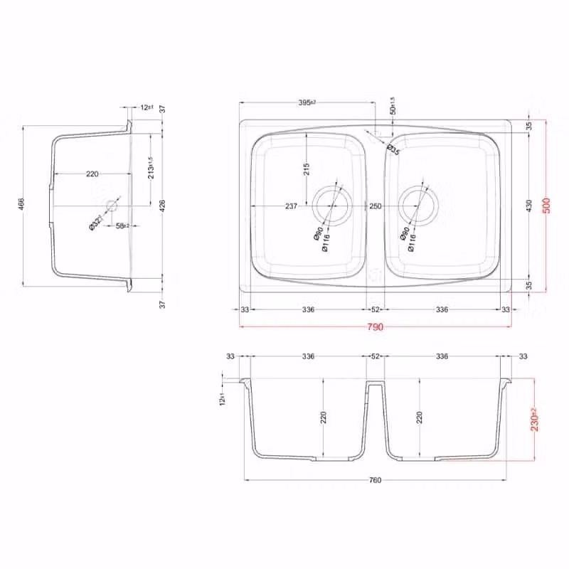 Lavello da incasso Elleci Master 350 a 2 vasche in Granitek Nero L/P: 79 x 50 cm LGM35040 – 2