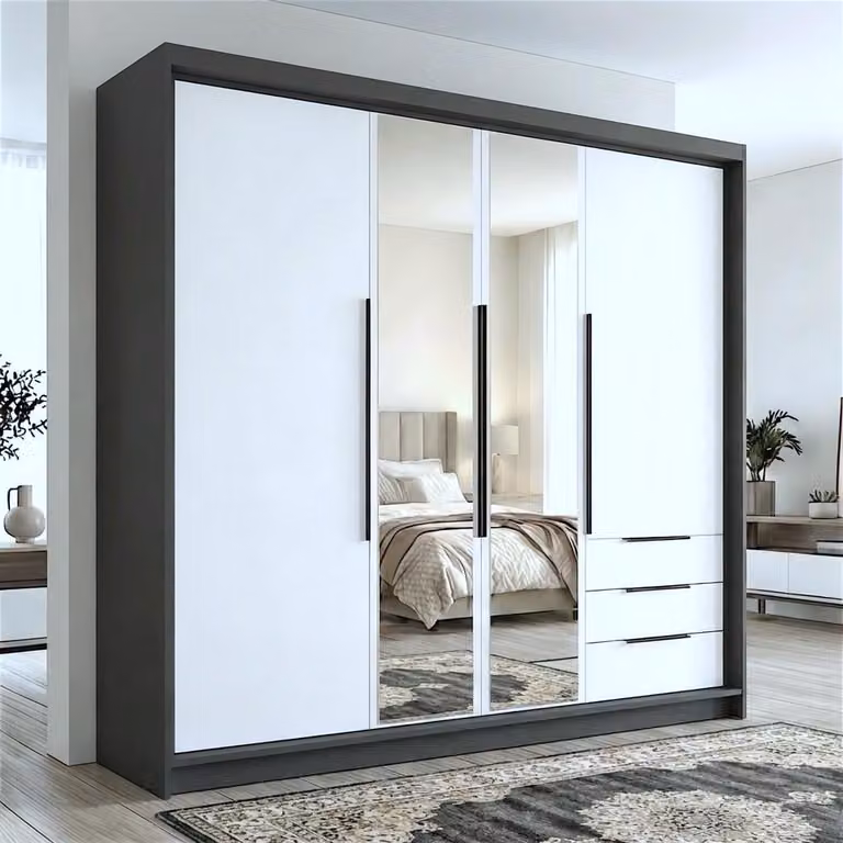 Spazioso armadio a quattro ante VIVO con cassetti e maniglie in metallo – design moderno