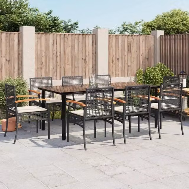 Set da Pranzo da Giardino 9 pz con Cuscini Nero in Polyrattan 3213609