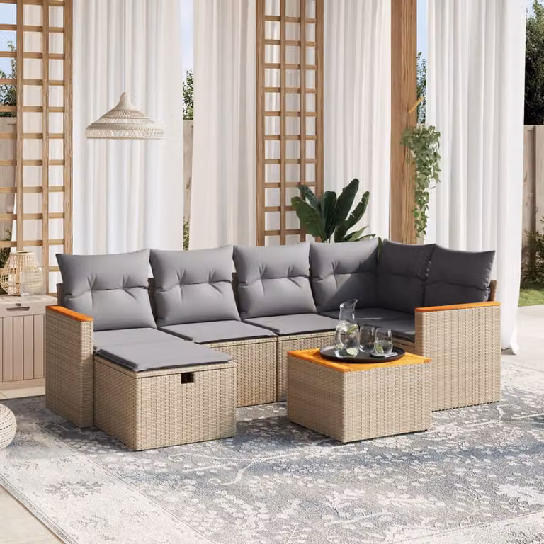 vidaXL Set Divano da Giardino a L 7 pz con Cuscini Beige e Grigio in Polyrattan e Acciaio