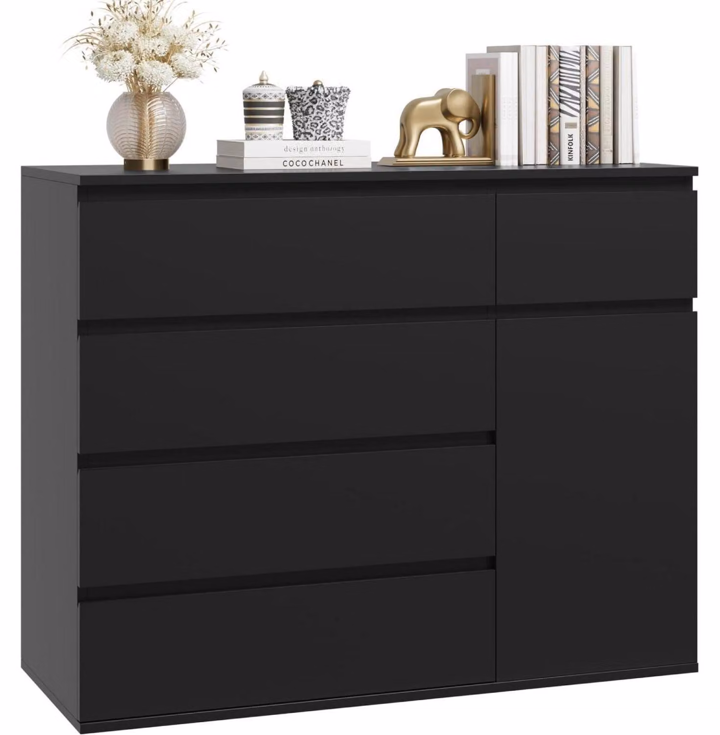 Comodino con 5 cassetti e 1 anta, dimensioni 100x40x80 cm, colore nero