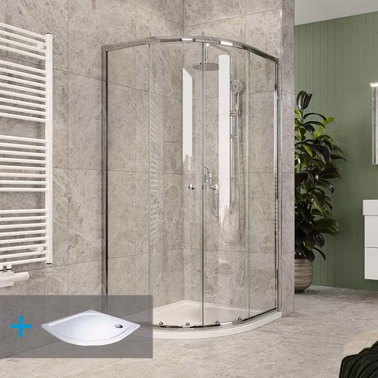 Mereo Set doccia in Kora Lite, quarto di cerchio, 80 cm, cromo ALU, vetro trasparente e vassoio in marmo incl. sif. - CK35133ZM