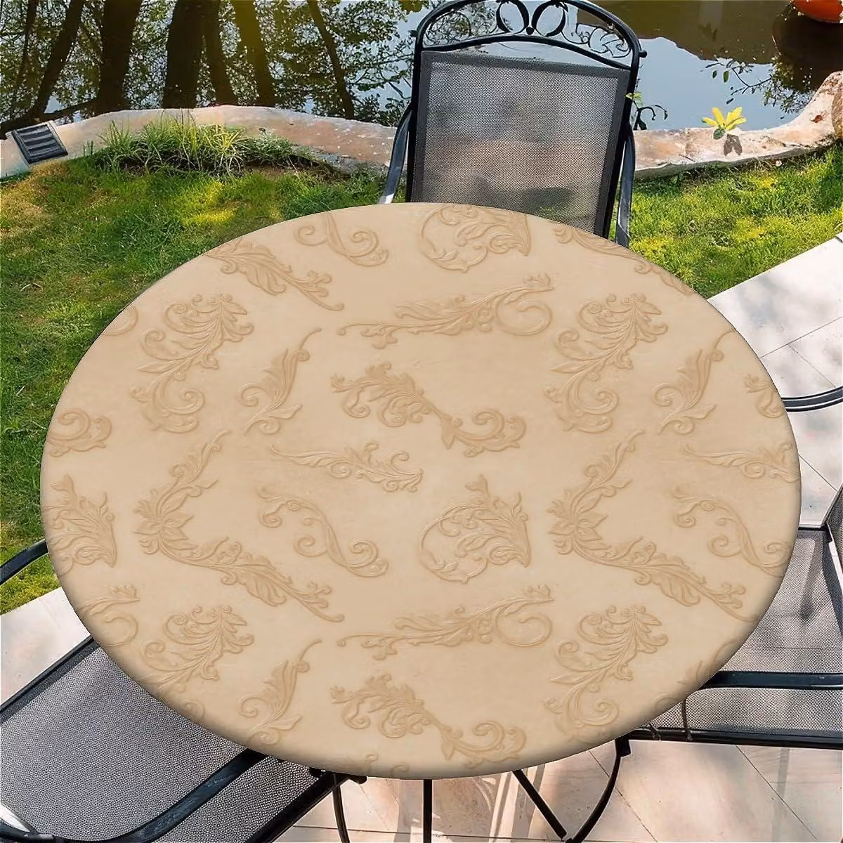 Copertura elastica rotonda per tavoli da esterno, con motivo retrò, diametro 150 cm, ideale per tavoli da giardino