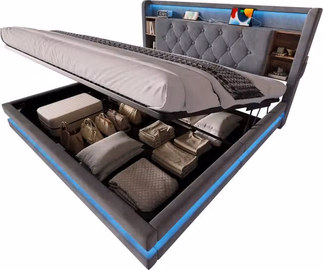 Letto contenitore matrimoniale Chicfurn in velluto grigio con testiera, illuminazione LED e porte USB e Type-C, L/P/H: 160 x 200 x 106,5 cm