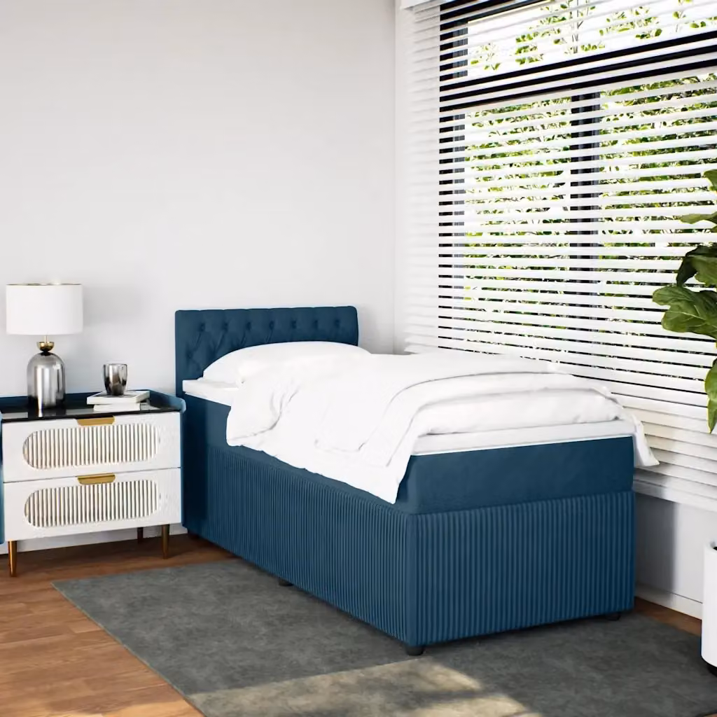 Letto con Giroletto a Molle e Materasso Ibrido vidaXL in Velluto Blu e Bianco L/P/H: 90 x 190 cm – 2