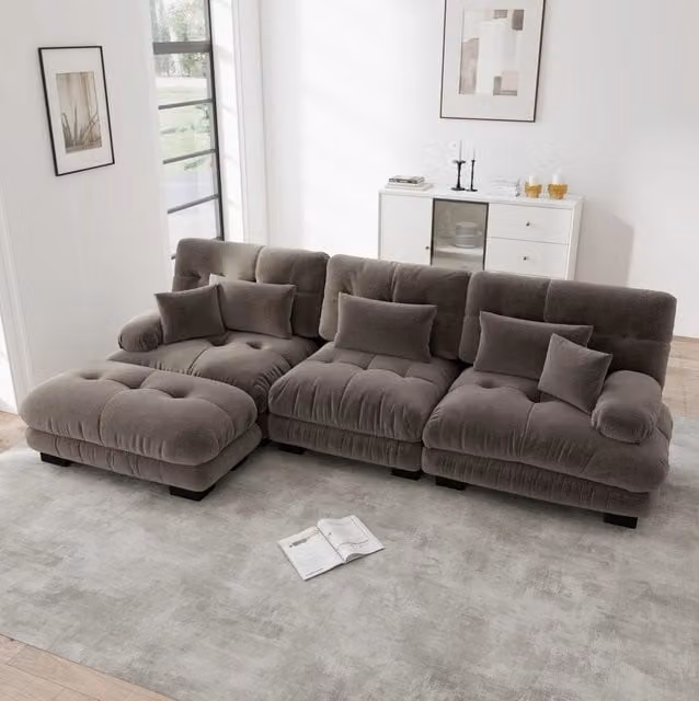 Divano modulare angolare con ottomane in cheniglia marrone 313x145 cm HOMVRA