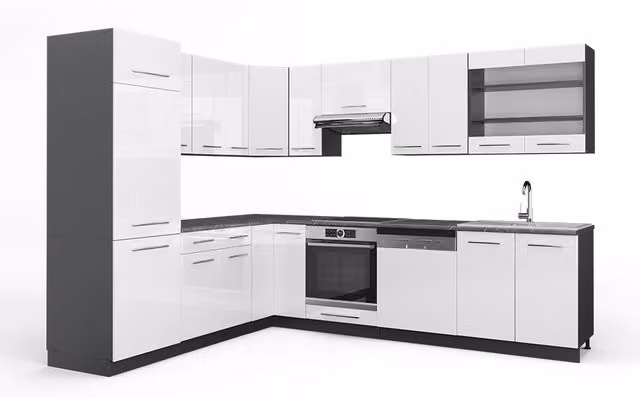 Cucina angolare moderna Fame-Line Vicco Bianco lucido e Antracite L: 287 cm, P: 60 cm, H: 206,8 cm – 1