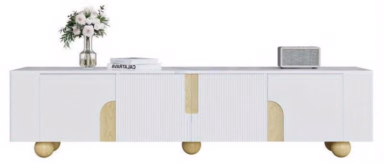 Mobile TV – Larghezza 180 cm – Piano in effetto marmo – Gambe sferiche in legno – Bianco con dettagli in legno