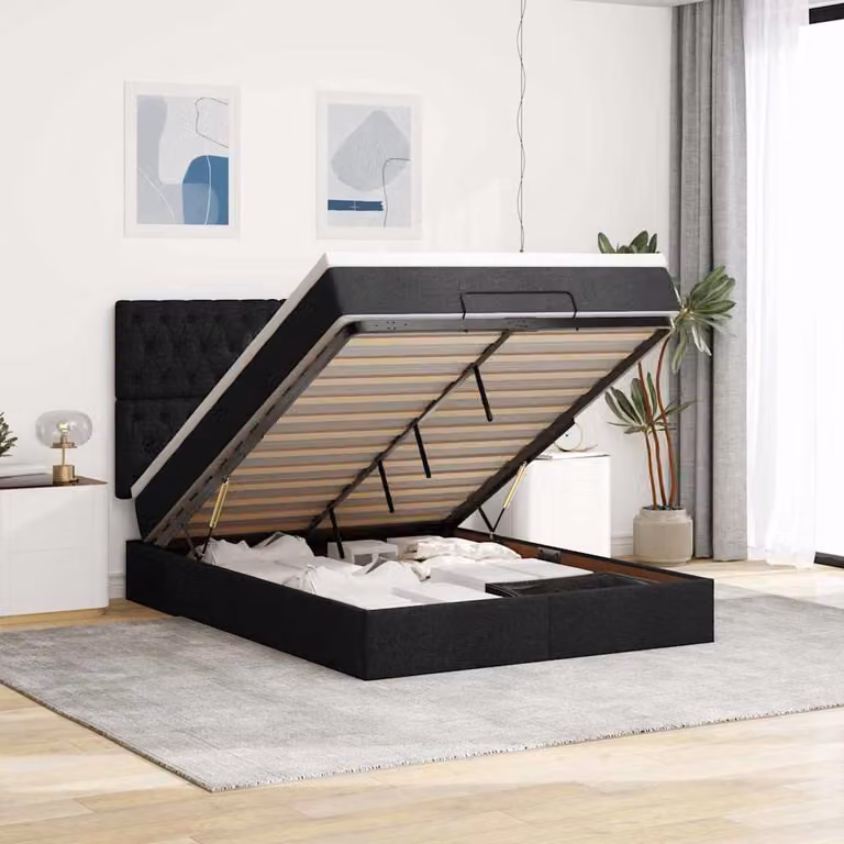 Letto con contenitore e materasso vidaXL in tessuto nero, L: 140 cm, P: 200 cm, H: 28 cm