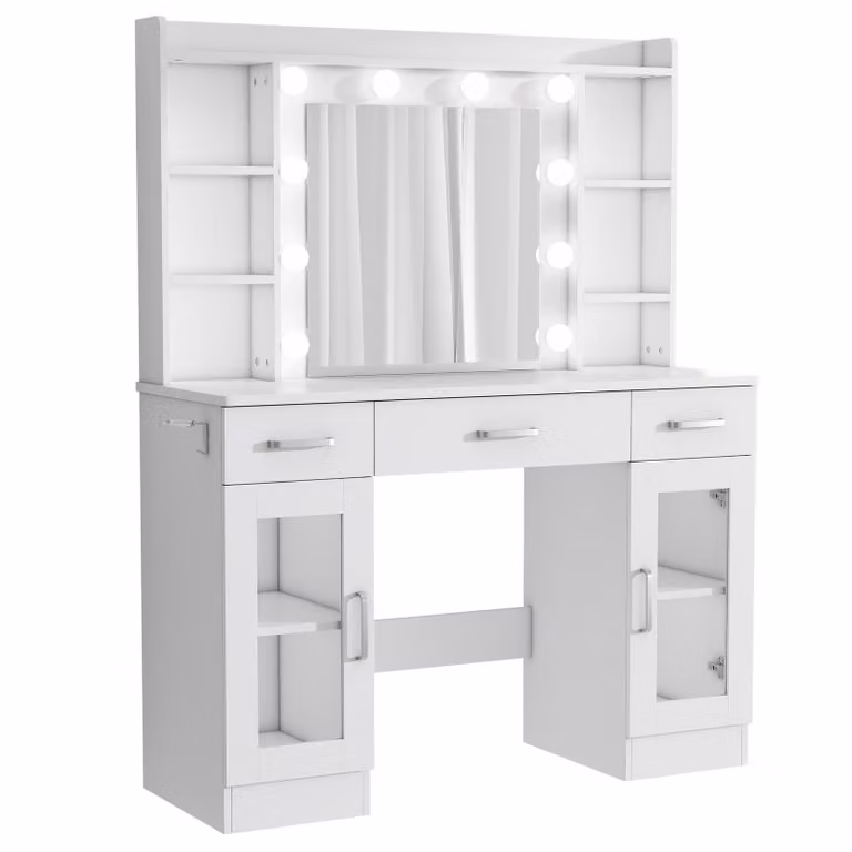 ZELURXX Toeletta bianca 110×40×145 cm con specchio LED 10 luci alimentazione USB incl. sgabello e supporto per asciugacapelli estraibile in metallo