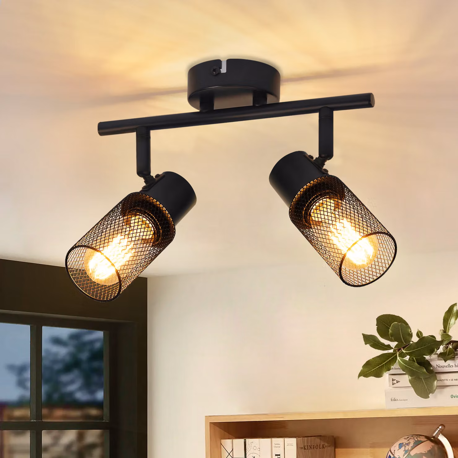 ZMH Plafoniera in metallo nero a 2 fiamme vintage E27 Faretto da soffitto Lampada da soffitto ruotabile 330° angolare per interni per corridoio soggiorno camera da letto cucina
