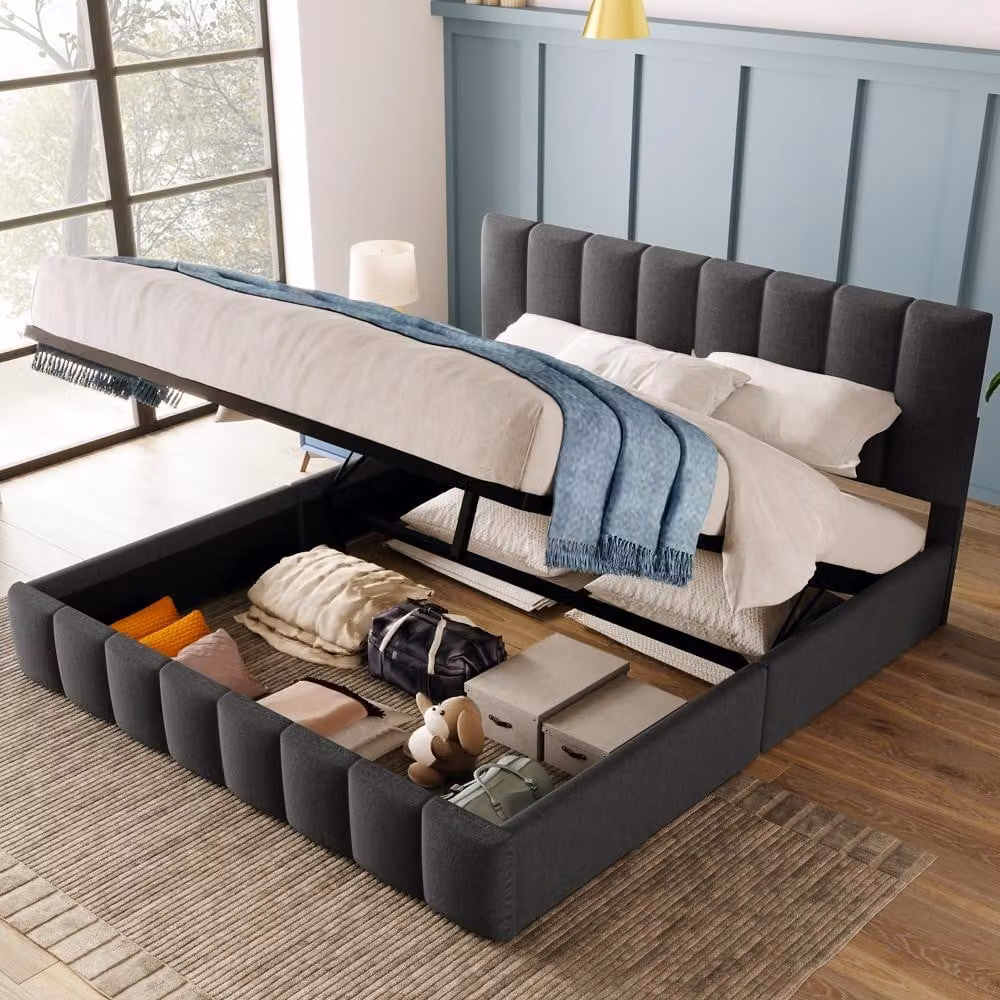 Letto imbottito 140x200 cm con spazio contenitore, poggiatesta regolabile e rete a doghe in struttura metallica, rivestito in lino grigio, ideale per la camera da letto