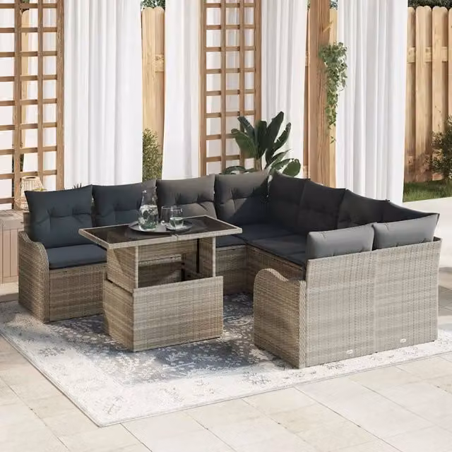 vidaXL Set Divano da Giardino a Forma di U con 9 Pezzi, Colore Grigio, con Cuscini Inclusi e Tavolino da Caffè – 1