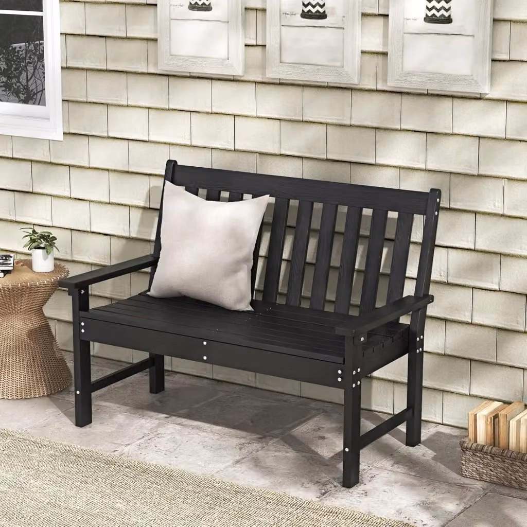 Panchina da esterno Costway con schienale e braccioli in plastica resistente alle intemperie, L: 132 cm, P: 65 cm, H: 91 cm, Nero/Grigio – 2