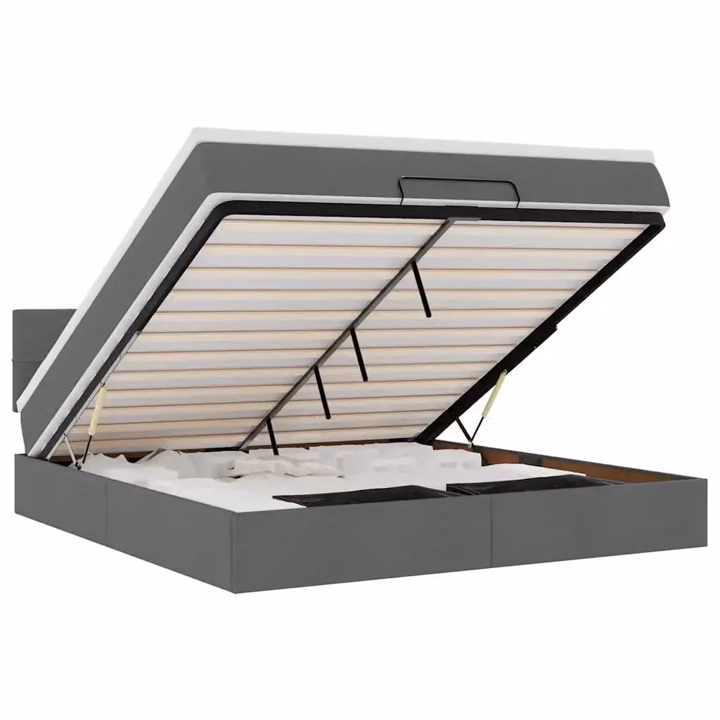 Letto con contenitore a sollevamento vidaXL in tessuto grigio e bianco con materasso L: 160 cm, P: 200 cm – 2