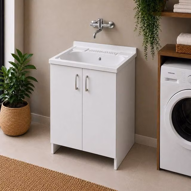 Mobile lavatoio bianco con 2 ante, vasca in resina e kit sifone incluso