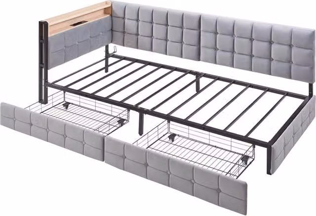Divano Letto Imbottito 90x200 cm con 2 Cassetti, Lampada Led Integrata e Porte USB/Type-C, Letto Multifunzionale per Bambini Grigio