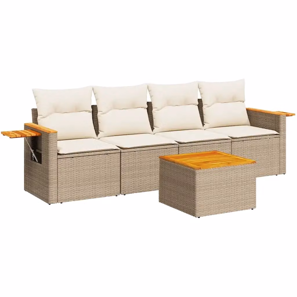 Set Divano da Giardino 5 Pezzi vidaXL in Polyrattan con Cuscini Beige e Tavolino da Caffè – 2