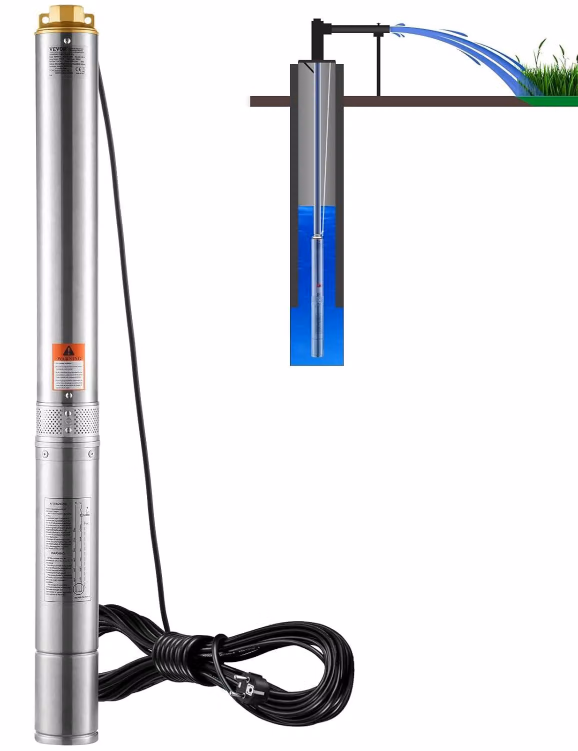 Pompa sommergibile per pozzi profondi – 1100W – Portata massima: 105 metri – Acciaio inossidabile