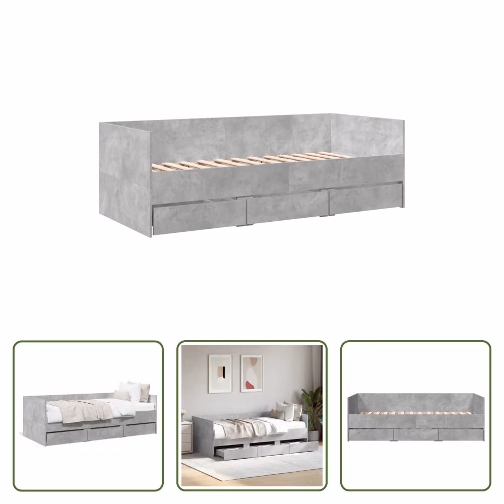 The Living Store Letto da giorno con cassetti grigio cemento 90x200 cm materiale legno