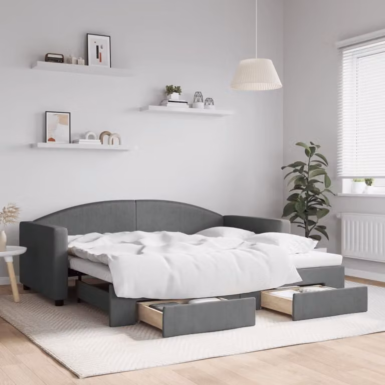 vidaXL Divano Letto Estraibile con Cassetti in Tessuto Grigio Moderno L/P/H: 90 x 190 cm
