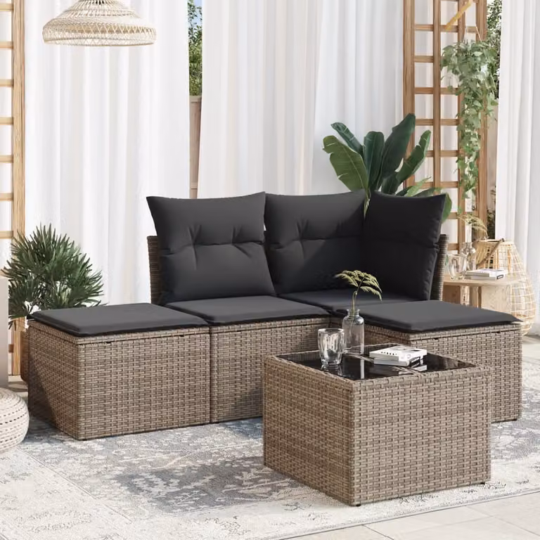 vidaXL Set Divano da Giardino 5 pz a L con Cuscini Grigio in Polyrattan e Tavolino