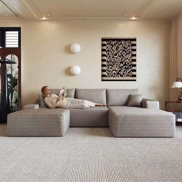 Divano angolare Chaise Longue ¨C Minimal ¨C 270cm velluto cammello imbottito senza montaggio