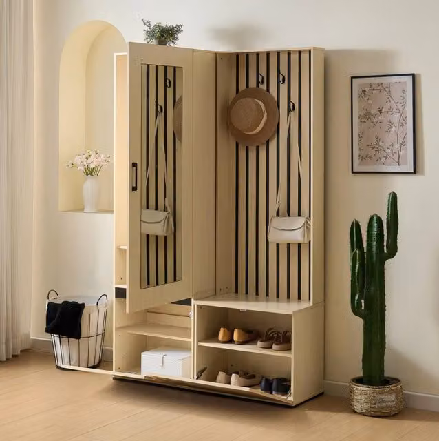 Set guardaroba combinato con specchio e panca in MDF color legno, con appendiabiti estraibile e ripiani scarpe