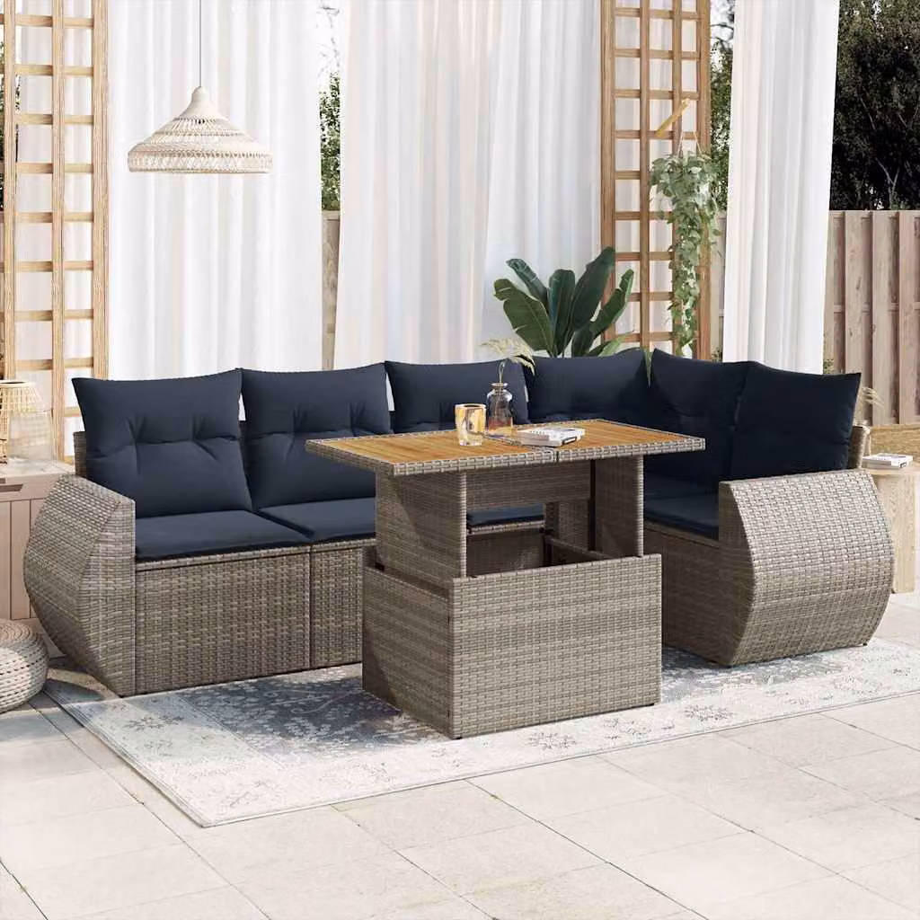 Set Divano da Giardino vidaXL 6 pz in Polyrattan e Legno di Acacia con Cuscini Grigio e Blu