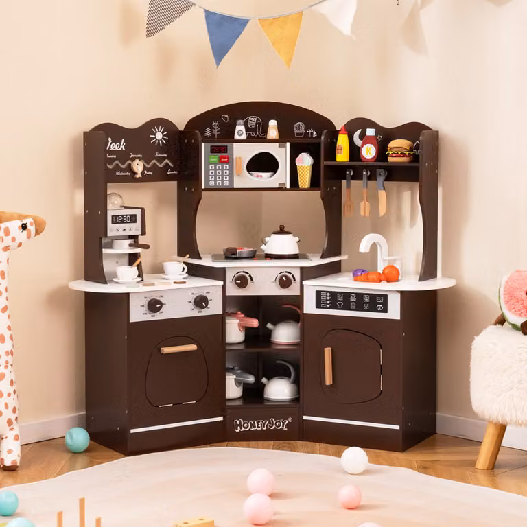 Cucina giocattolo angolare in legno Costway con macchina del caffè, luci e suoni, Marrone