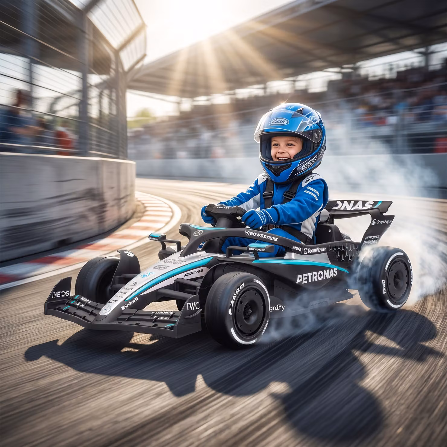 Go-kart elettrico Mercedes-AMG F1 AIYAPLAY con telecomando e sospensioni posteriori, nero e multicolore