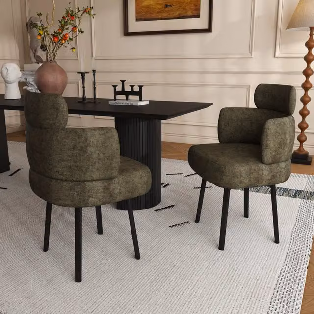 Sedia girevole a 360 gradi con braccioli e schienale curvo, imbottita in ciniglia e metallo verde oliva, 60 × 56 × 53 cm