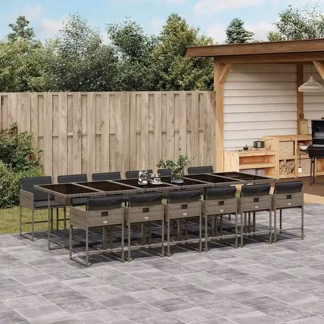 Set da pranzo da giardino vidaXL in polyrattan con cuscini e piano in vetro, 13 pezzi, grigio e nero