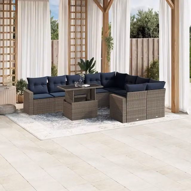 Set Divani da Giardino 10 pz con Cuscini Grigio in Polyrattan 3267501