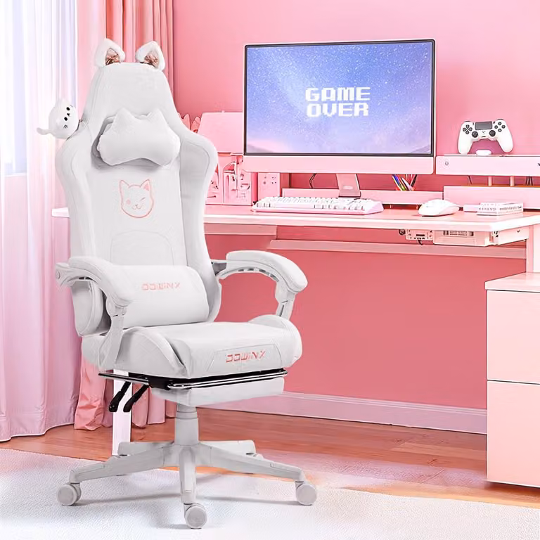 Sedia da gaming rosa - Sedia da ufficio - Sedia da gaming ergonomica con poggiapiedi e struttura in metallo