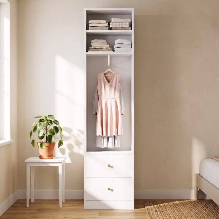 Armadio Flieks con asta appendiabiti, mobiletto alto con cassetti, mobiletto stretto con ripiano, dimensioni 50 x 30 x 200 cm, colore bianco, materiale: MDF e acciaio